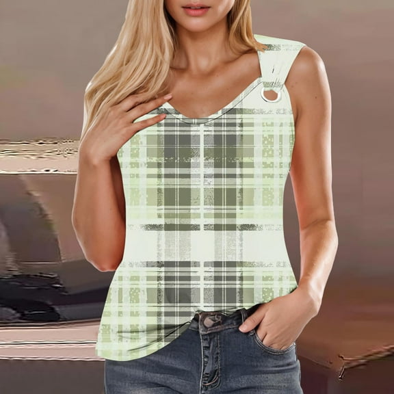 KeFaWanJu Sleeveless Blouses for Women Dressy Plaid Print Shirts V Neck Tank Tops Loose Fit Summer Tops Clearance Under $5