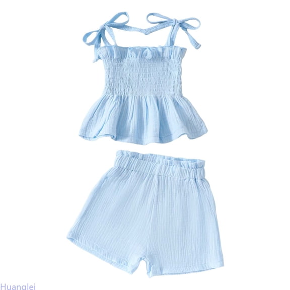 Huanglei Girls Outfits Set Casual Summer Outfits For Toddler Girls Floral Lace Tie Shoulder Top With Solid Straight Pants Party Photo Outfit Casual Clothing Sets ,9-12 Months ,Blue
