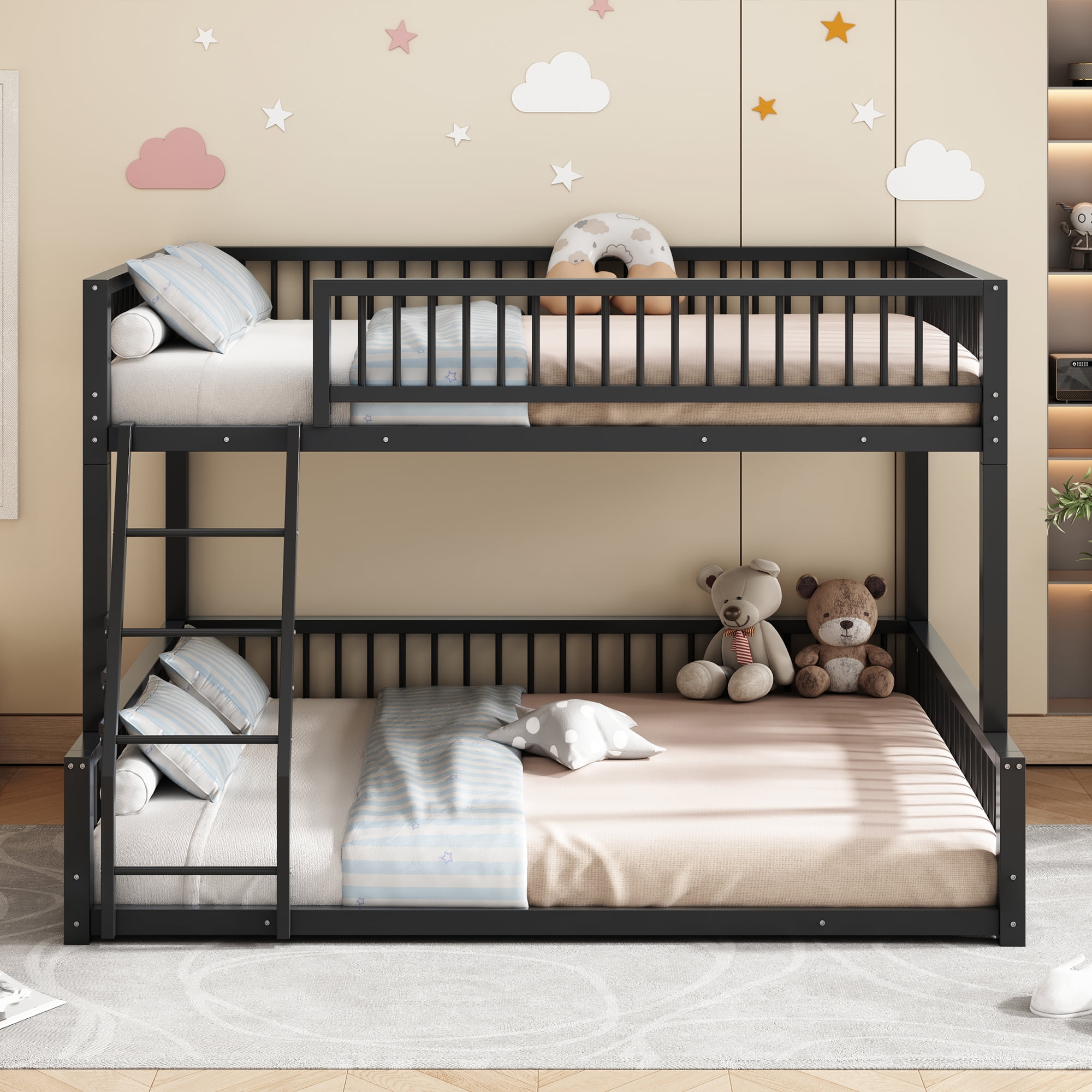Leumius Full XL over Queen Bunk Bed,Heavy Duty Metal Bunk Beds for Adults and Kids,Floor Bed Frame with Ladder and Safety Guardrails, Easy Assemble,Black