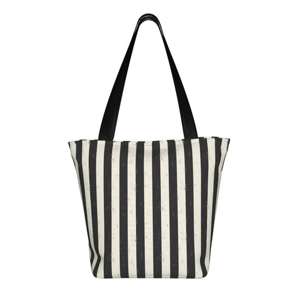Uemuo Black And White Thick Stripes Print Tote Bags for Women,Large Capacity Corduroy Bag,Reusable Grocery Shoulder Bag,Beach Tote with Zipper Closure, Daily Essentials
