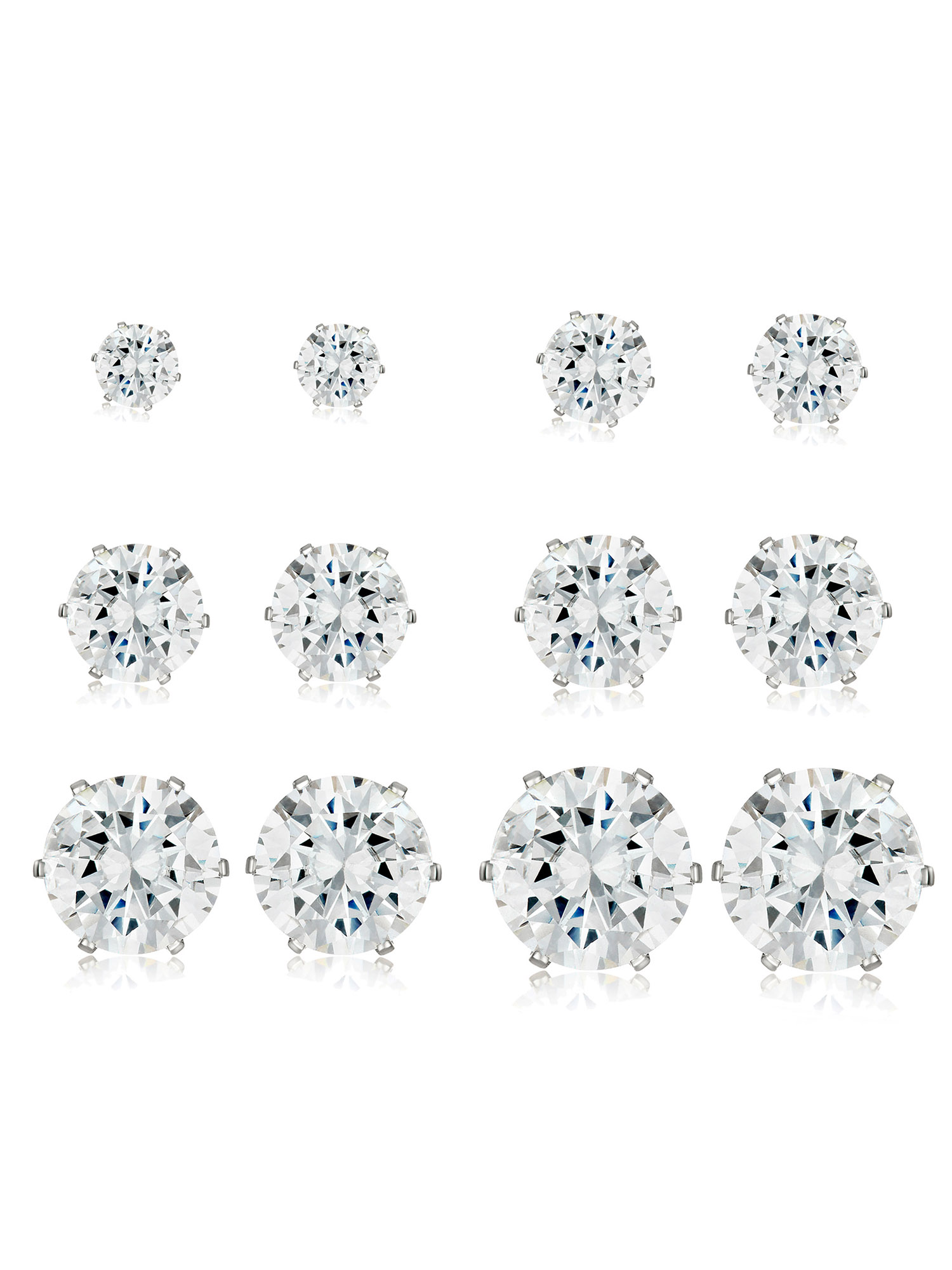 Coastal Jewelry Cubic Zirconia Stainless Steel Stud Earrings - 6 Pairs