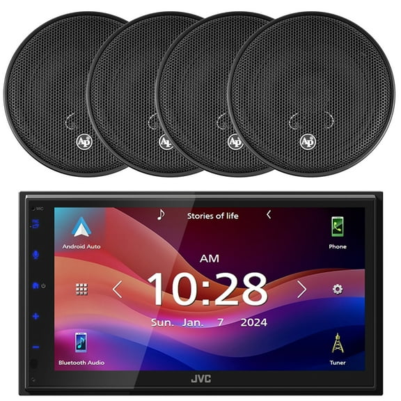 JVC KW-M695BW 6.8" WSVGA LCD Display Single-DIN Bluetooth USB/MP3 Digital Media Shallow Chassis Multimedia SiriusXM Ready Receiver, 4x 6.5” 300W Max 2-Way High Performance Component Car Audio Speakers