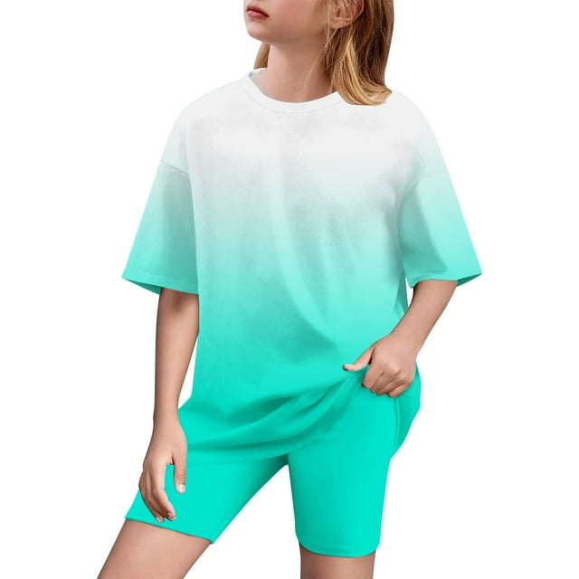 Plebaso Girls Clothes Summer Gradient Color 2 Piece Short Sleeve T-Shirts Biker Shorts Sets for Kids