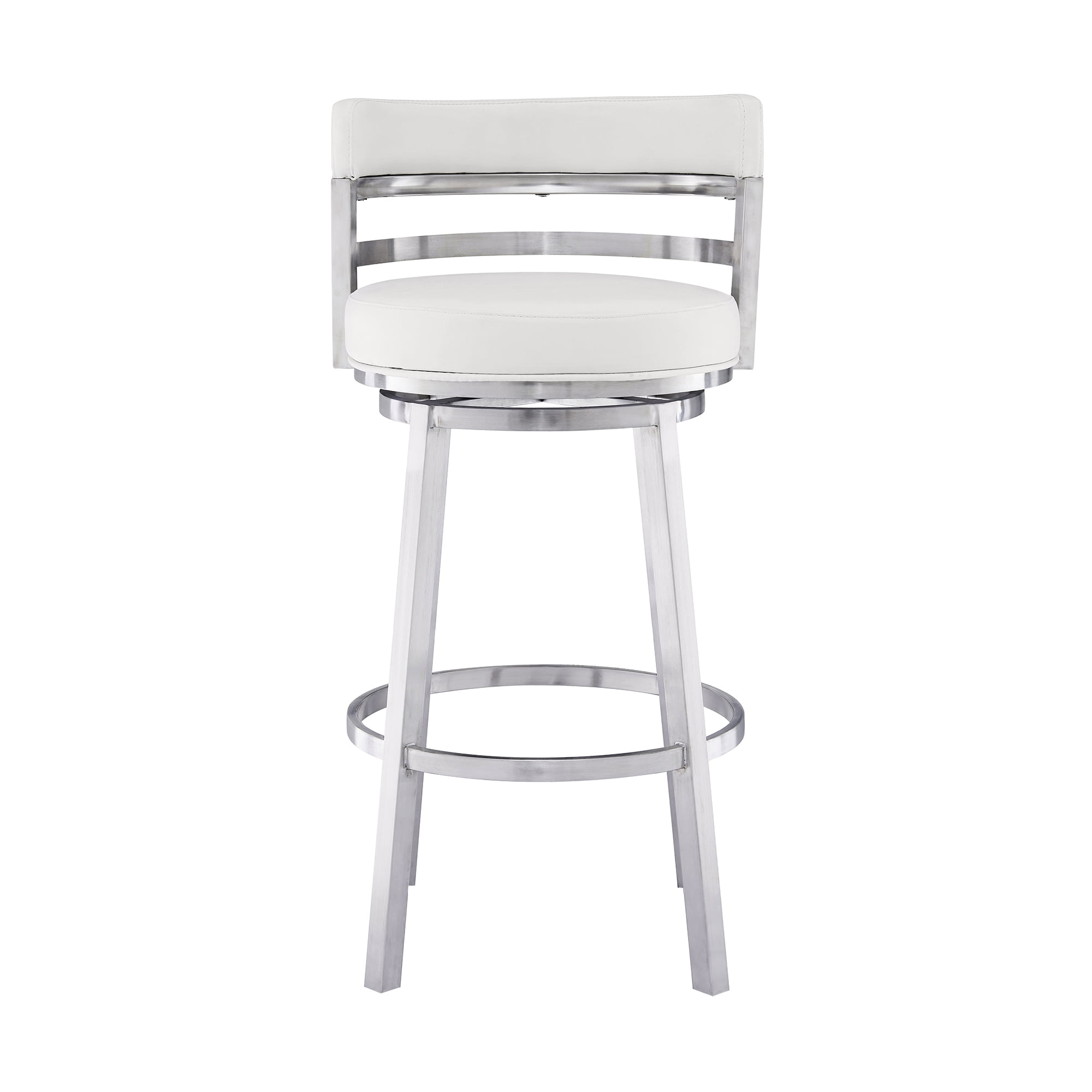 Armen Living Madrid 26" Seat Height Swivel White Faux Leather and Brushed Stainless Steel Bar Stool for Kitchen Island Counter, Set of 2