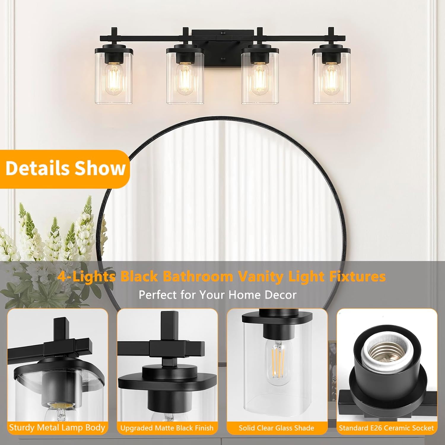 PYNSSEU 30" 4-Light Matte Black Bathroom Light Fixtures with Clear Glass Shade Vanity Lights over Mirror for Mirror Living Room Hallway Cabinet,Not Bulbs Included