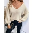 thumbnail image 5 of Women Off the Shoulder V Neck Sweater Top Fitted Long Sleeve Shirt Tie Back Sweater Khaki M, 5 of 9