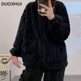 thumbnail image 2 of DUOJIHUI-Conjunto de ropa de dormir de franela gruesa y cálida para mujer, pijama Simple de manga larga con cremallera, en 7 colores, a la moda, color negro, Invierno, 2 of 5