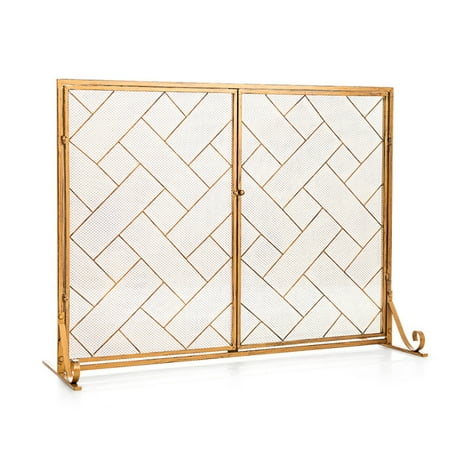 

Spaco 3-Panel Folding Wrought Iron Fireplace Screen with Doors and 4 Pieces Tools Set-Golden Fireplace Doors Flat Panel Decorative Fireplace Screen with Modern Design