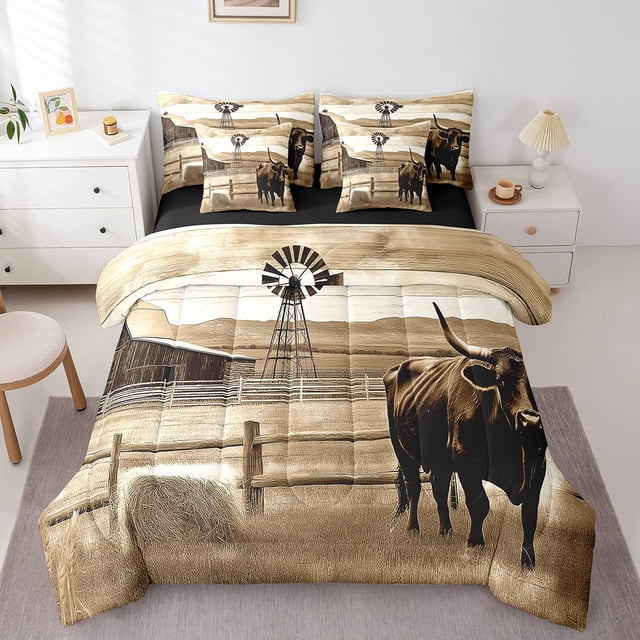 Erosebridal Ensembles de Literie Vache Brune Format Grand, Ensembles de Douillette Style Rustique de Chalet avec Draps, Déco de Chambre Animale Western, Réversible