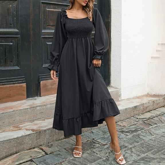 Miqool Women's Square Neck Long Sleeve Shirred Bodice A-Line Maxi Ruffled Flare Dress