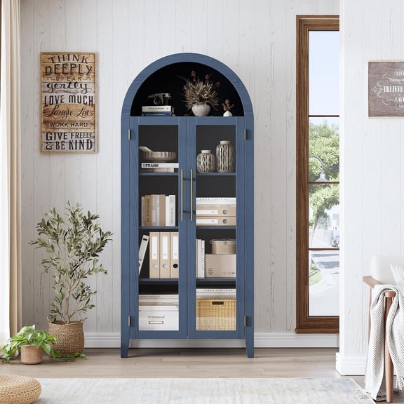 TacleeKii Arched Pantry Cabinet with Glass Doors - Adjustable 5-Tier Storage, Blue