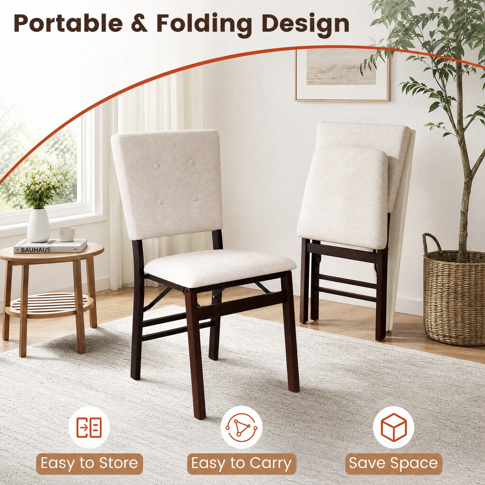 Furnibear Foldable Dining Chair Set of 2 Armless Kitchen Chair with Padded Seat and Tilt Backrest for Kitchen Dining Room Living Room Home, Beige
