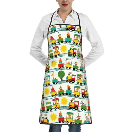 

Qekee Train With Animals Print Adjustable Bib Apron Resistant with Pocket Cooking Kitchen Aprons for Women Men Server Chef Apron