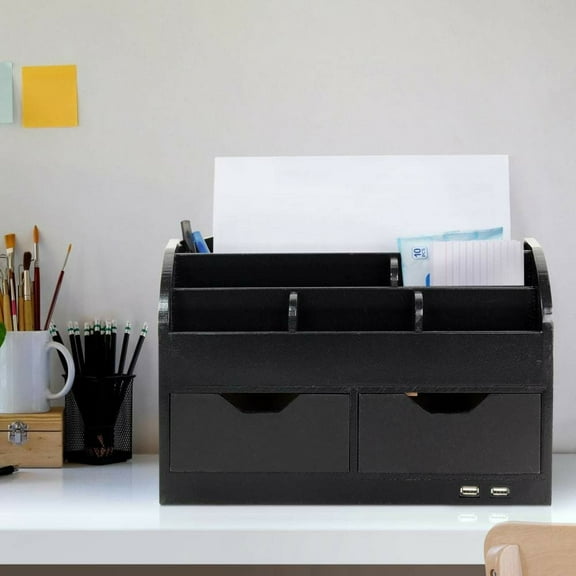 American Art Decor Space Saving Desk Organizer Pen Storage with Drawers & USB Port for Charging - Black Accessory Set