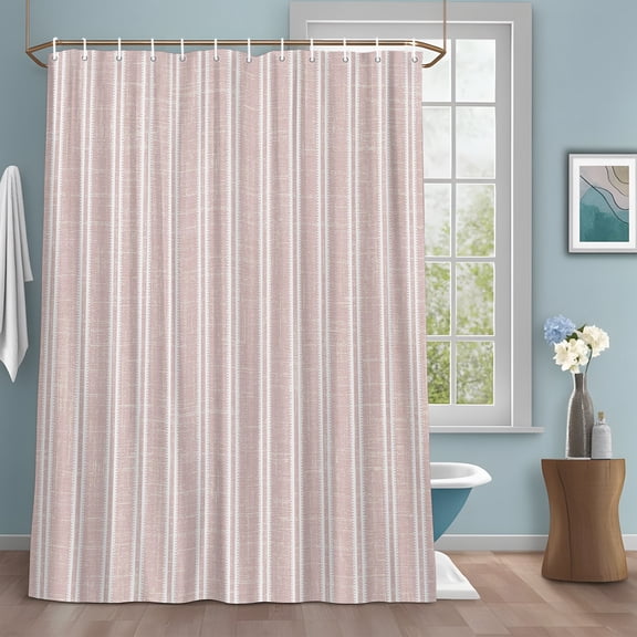 Dusty Rose White Stripes Shower Curtain with Hooks, Modern Pink Verticals Lines Water Repellent Shower Curtains for Bathroom Decor Sturdy Shower Curtain, Machine Washable 48x72 Inch