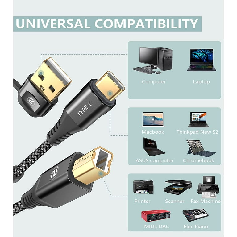 2In1 USB Printer Cable USB C To MIDI Cable USB Type C To USB B