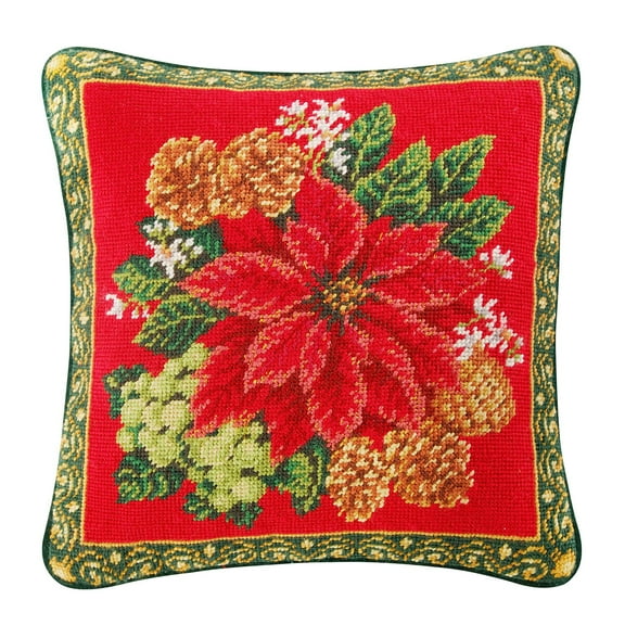 Poinsettia On Red Needlepoint Pillow