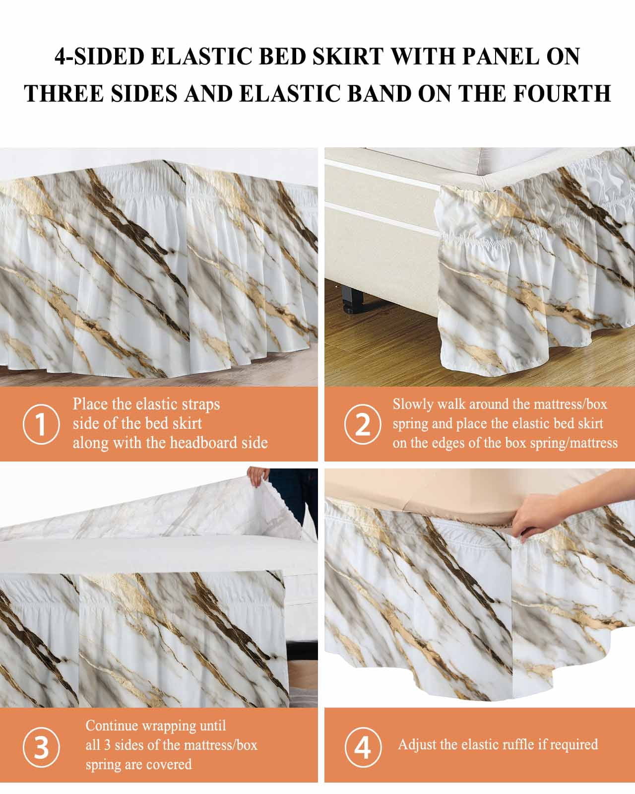 Marble Grey White Wrap Around Bed Skirts for Queen Bed 16" Drop,Bed Skirt with Adjustable Elastic Belt Dust Ruffle Bed Valance for Bedroom Hotel Abstract Cracked Crystal Gold Lines Bed Frame Cover