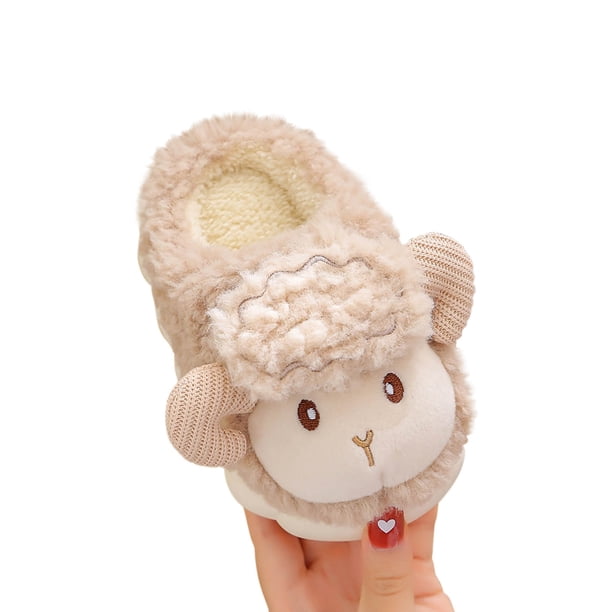 Puntoco Sandalias De Verano Para Bebés,Zapatillas De Algodón Para Niños Para Niños Y Niñas Invierno Nuevo Hogar Interior Lindo Ovejita Bebé Antideslizante Pantuflas Peludas Caqui 28-29
