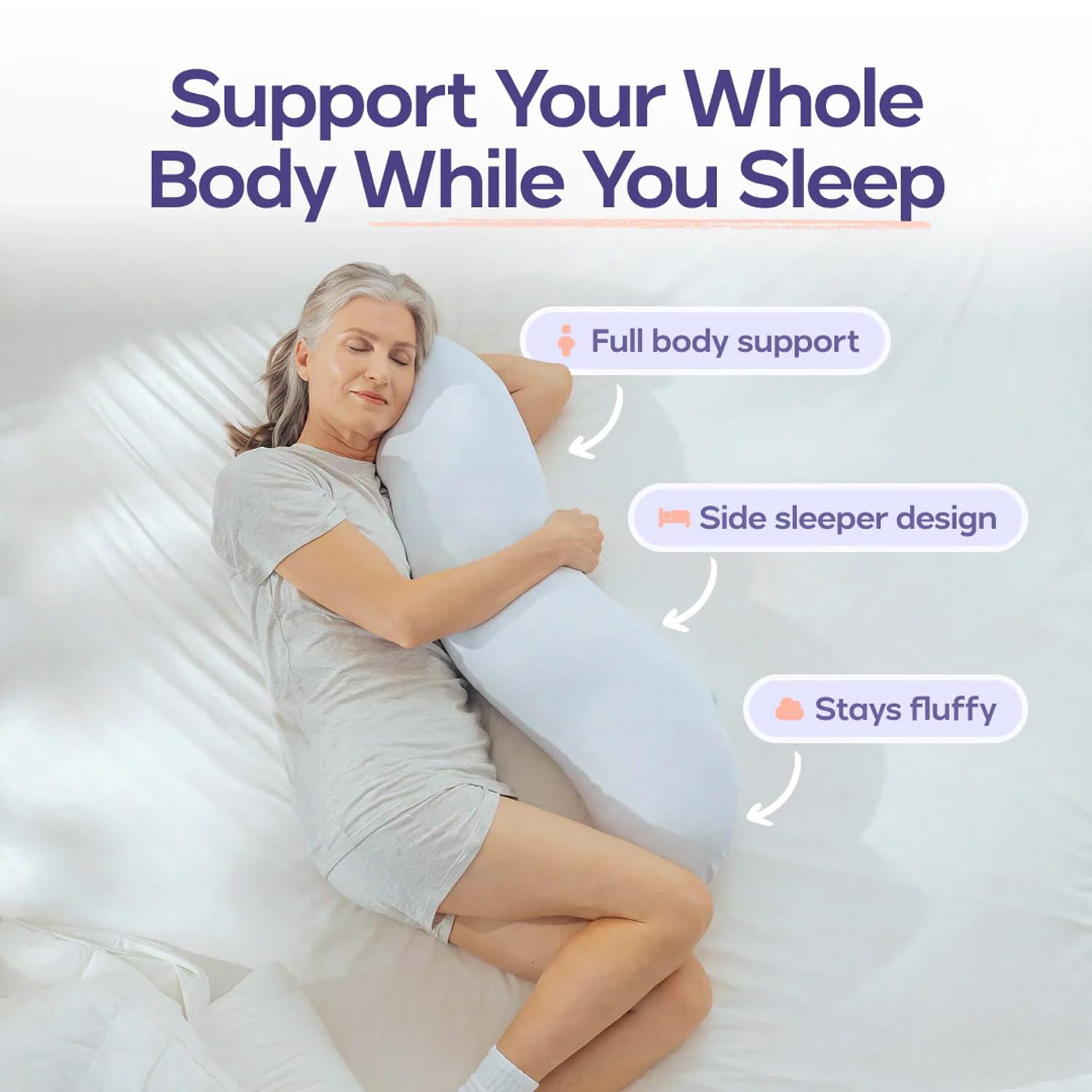 Body Cooling Pillow, Double Wave Curve Side Sleeper Pillow, Ergonomic, Cooling Side Sleeper Body Pillow, Full Body Support Pillow for Arms, Hips & Knees, Soft Breathable Fiber Fill (1pcs)