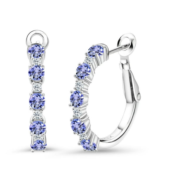 Gem Stone King 925 Sterling Silver Women Hoop Earrings Blue Tanzanite White Topaz (1.82 Cttw, Round Cut, 3/7 inch Diameter)