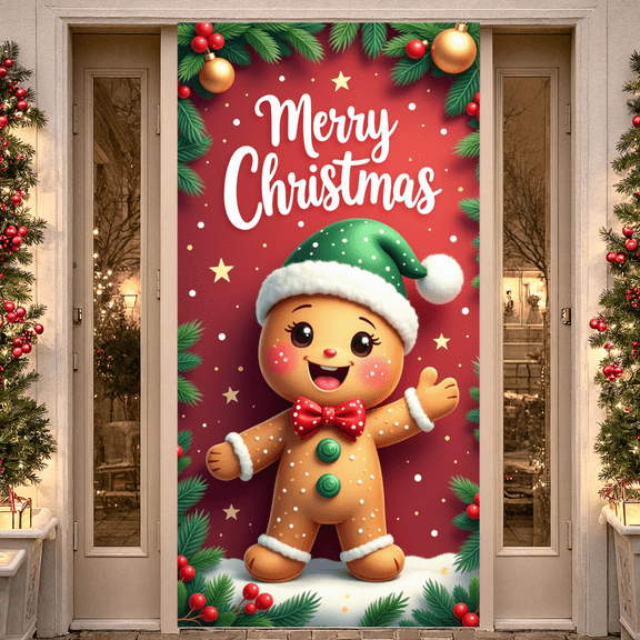Decorative Design Christmas Banner Colorful Theme Holiday Decoration Gingerbread Design Merry Christmas Banner for Holiday Celebration Indoor Decoration Party Decoration