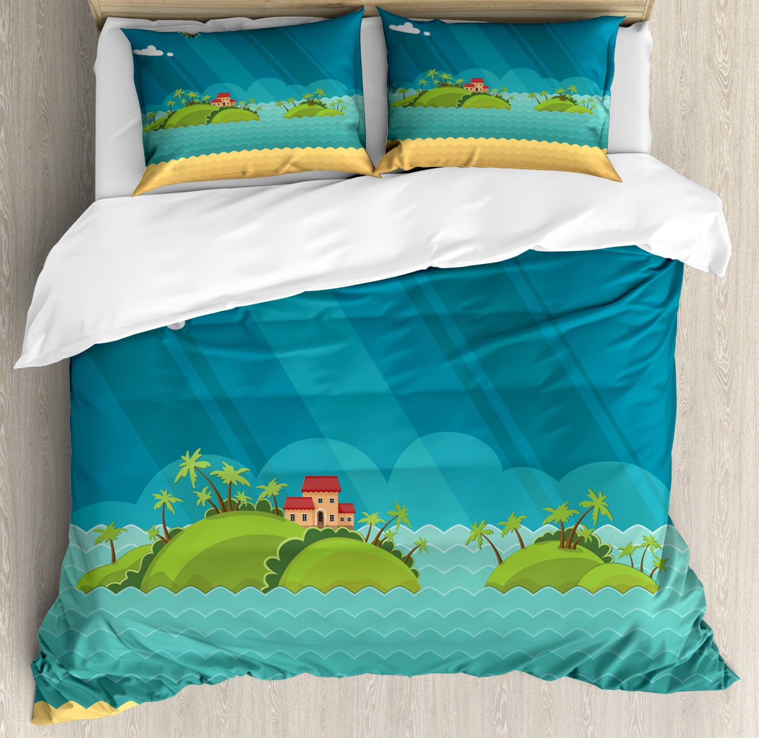 Holiday Duvet Cover Set Queen Size, Tropical Summer Vacation Concept