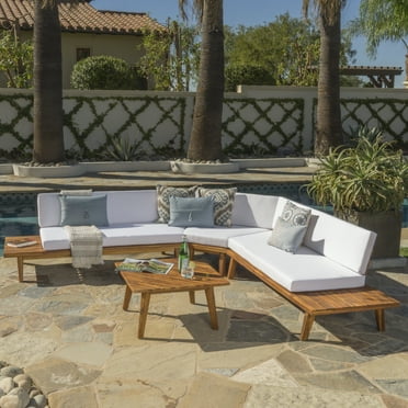 Park Outdoor V Shaped 4 Piece Acacia Wood Sectional Sofa Set with Cushions, Sandblast Finished, White