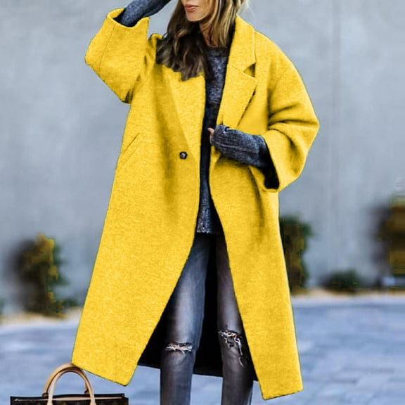 Dolkfu Business Womens Fall Jacket Yellow Wool Double Breasted Trench Coat Work Mid Length Long Jacket Women's Outerwear L