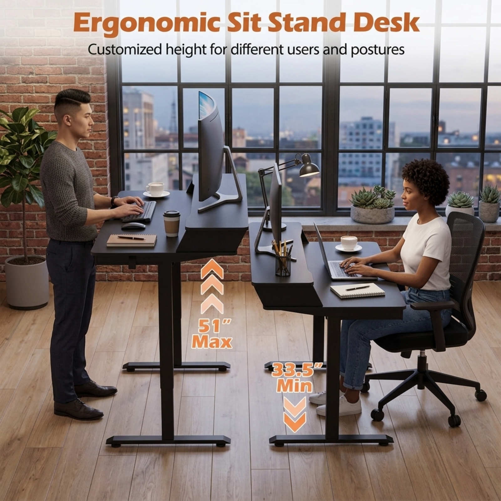 Furnibear 55 x 27 Inch Electric Standing Desk with 4 Drawers Monitor Stand Child Lock and Cable Management for Home Office, Black