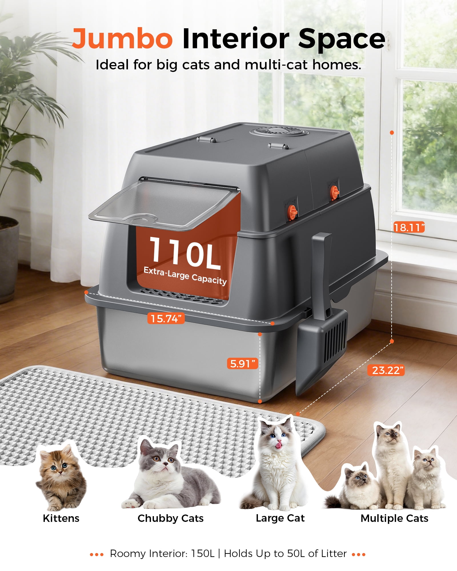 CloudRest Pro Enclosed Stainless Steel Cat Litter Box with Lid, Litter Scoop, Odor-Control Kitty Litter Tray with Scratcher for Small to Medium Cats（with No.2 Cartoon Sticker）