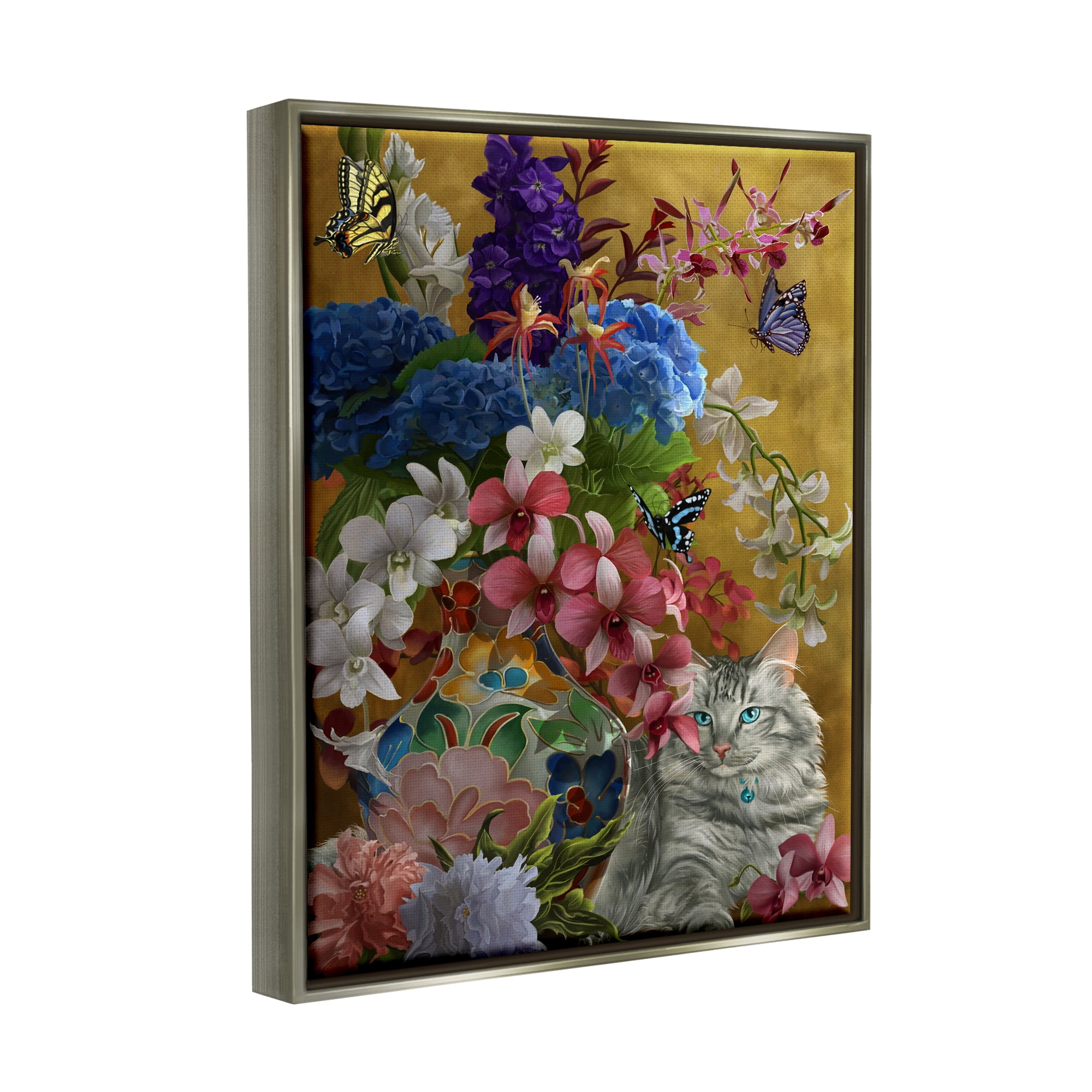 Stupell Industries Gilded Cat & Flowers Botanical & Floral Painting Gray Floater Framed Canvas Art Print Wall Art, 17 x 21