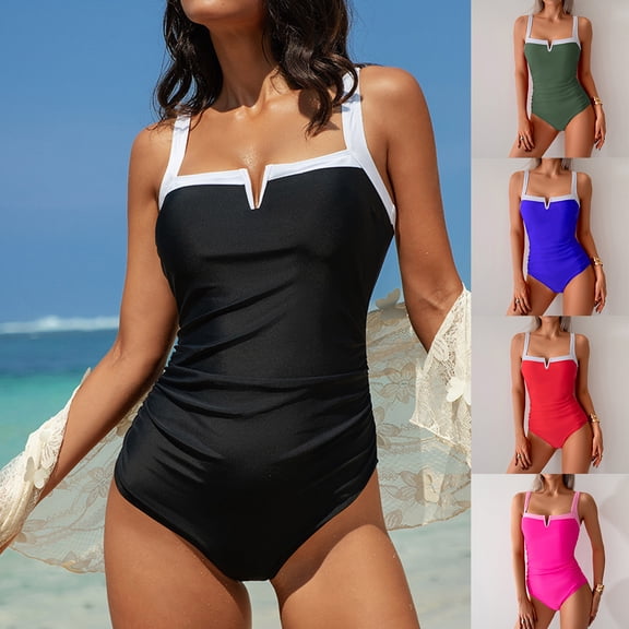 IYYVV Women's One Piece Swimsuit Tummy Control Bathing Suit Square Neck Color Block Ruched Swimwear Hot Pink 2XL