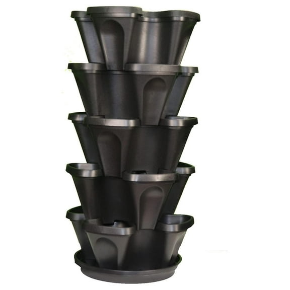 5-Tier 13 inch Strawberry and Garden Planter - Stackable Gardening Pots with 10 Inch Saucer (Black)