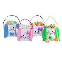 Twfbrm Easter Bunny Basket, Canvas Cotton Easter Eggs Basket with Rabbit Ears, Portable Decorative Fabric Storage Bucket with Handle, Easter Egg Hunt Basket Cute Bunny Tote Gift Bags for Kids Girls