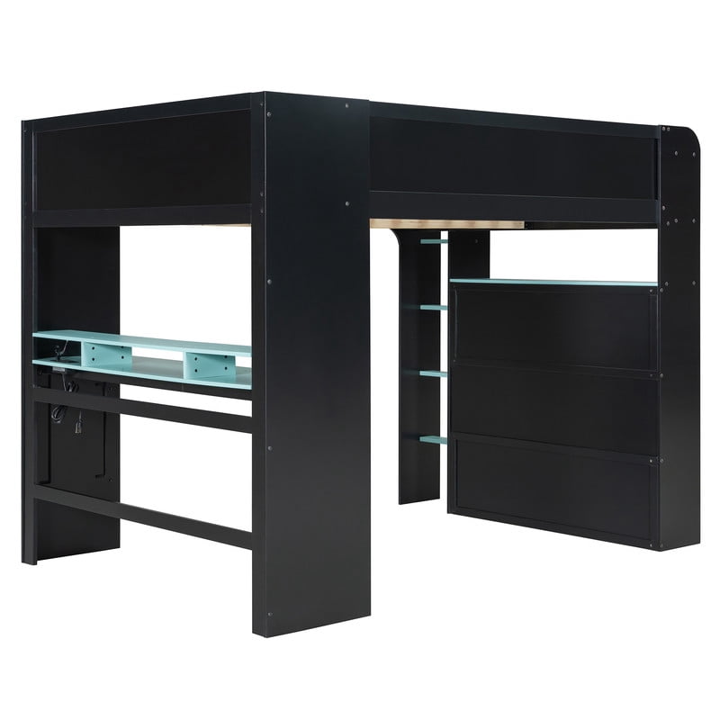 Full Size Wood Loft Bed with Desk, Wardrobe and Storage, Height Adjustable Gaming Loft Bed with USB Charging Port, RGB LED Light Strip, PC Tower Space and Shelves for Bedroom