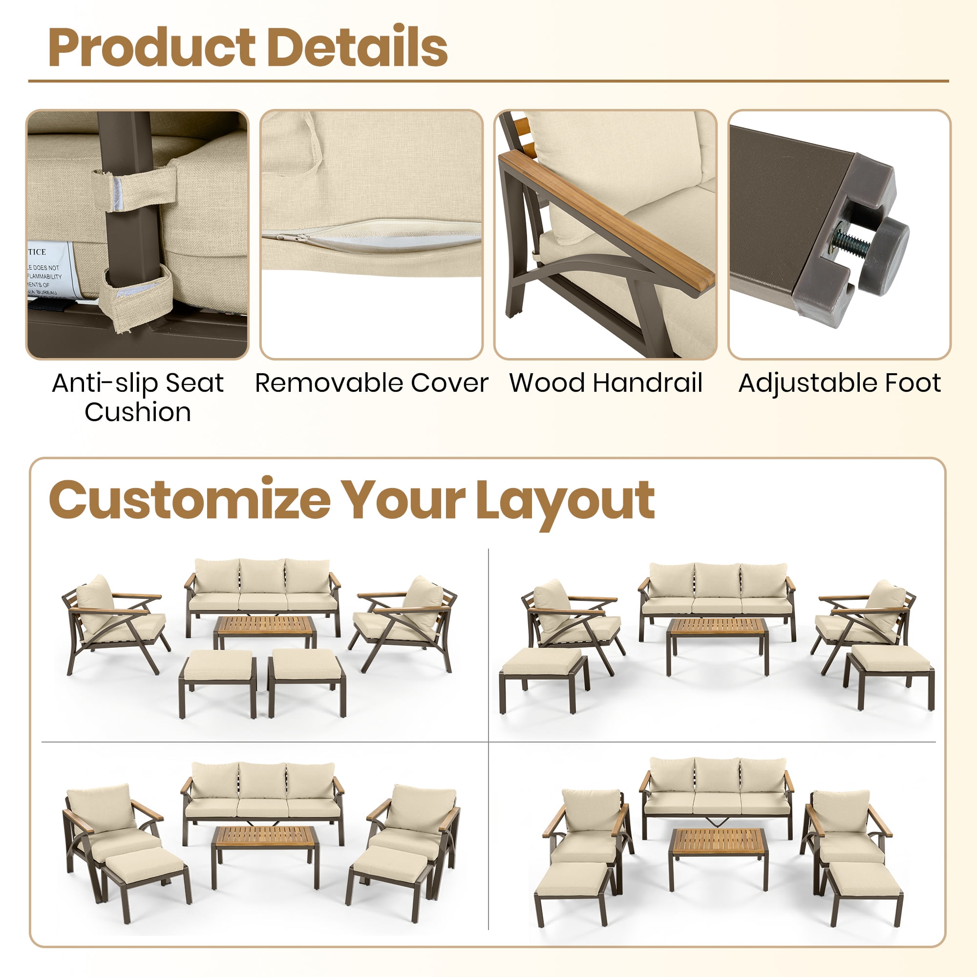 Complete 6-Piece Outdoor Patio Furniture Set with Steel Frame Sofa, 3-Seat Couch, 2 Armchairs, 2 Ottomans and Acacia Wood Coffee Table, Cushions for Backyard Garden, Beige