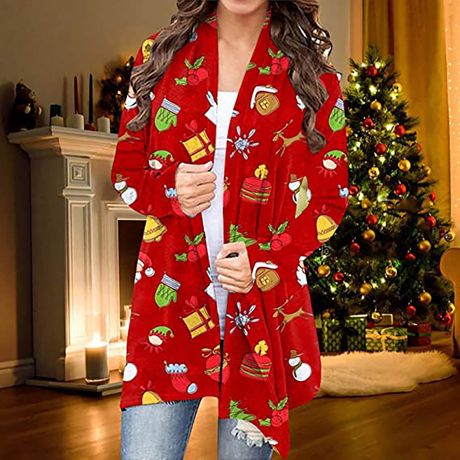 Women's Chrismas Lightweight Red Cardigan 2023 Fall Funny Slim Cute Printed  Sweaters Long Sleeve Shawl Collar Cardigans Fashion Open Front Coat Plus  Size Dressy Casual Loose Fit Flowy Cover Ups Tops -