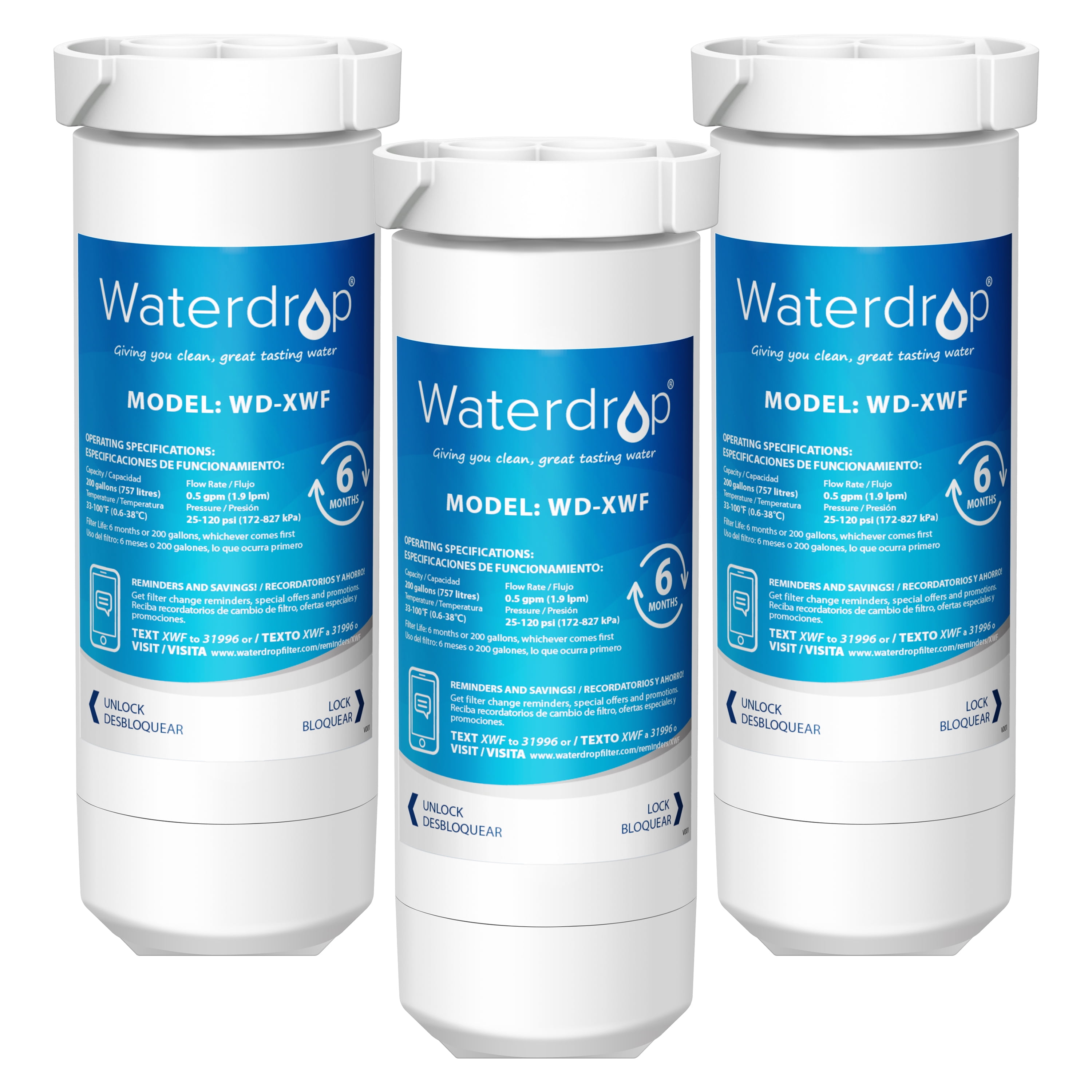 3 Pack Waterdrop XWF Refrigerator Water Filter, NSF 42 & 372 Certified