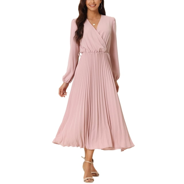 INSPIRE CHIC Robe Plissée pour Femme à Manches Longues Bouffantes, Col en V, Robe avec Ceinture à la Taille, TG Rose Poudré