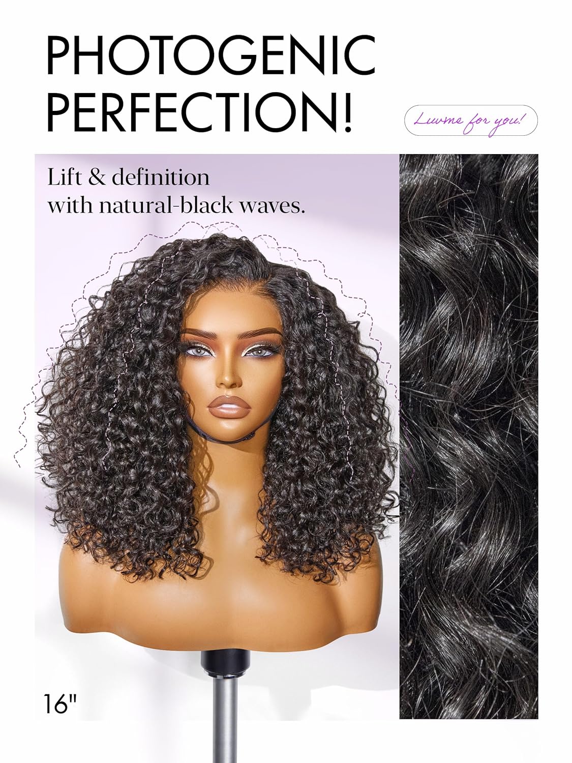 LUVME Deep Wave Glueless HD Lace 100% Human Hair Short Wigs 16" Pre Cut Plucked Natural Color Side Part Black