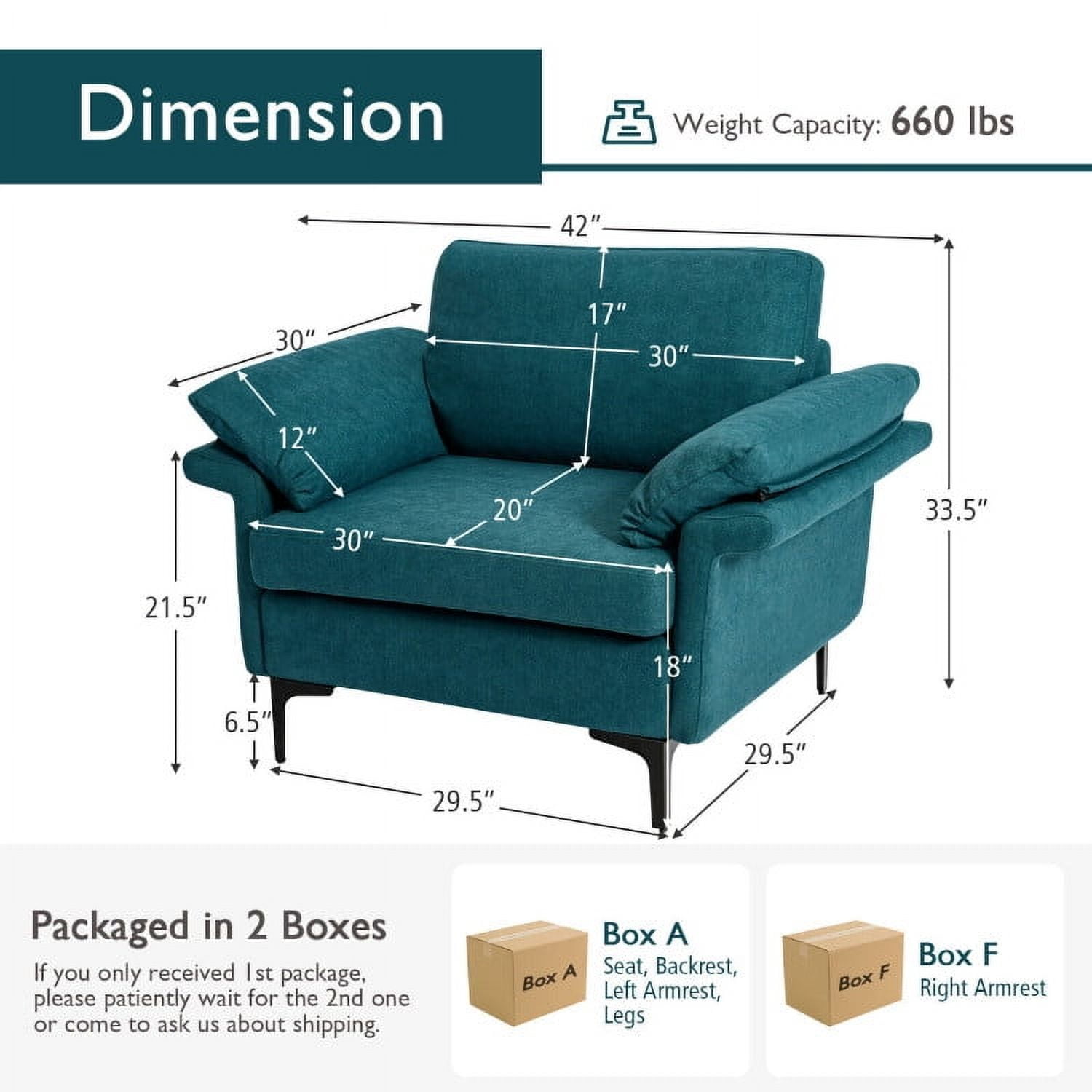 Demi Bonn Upholstered Accent Armchair, Modern Fabric Accent Armchair with Original Distributed Spring and Armrest Cushions, for Living Room, Bedroom, Peacock Blue