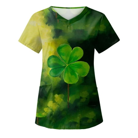 

Women Scrubs Top Nurses Clothing Workwear Working Uniform T-Shirt Fashion Printed Short Sleeve Leisure Pocket V-Neck T-Shirt Top