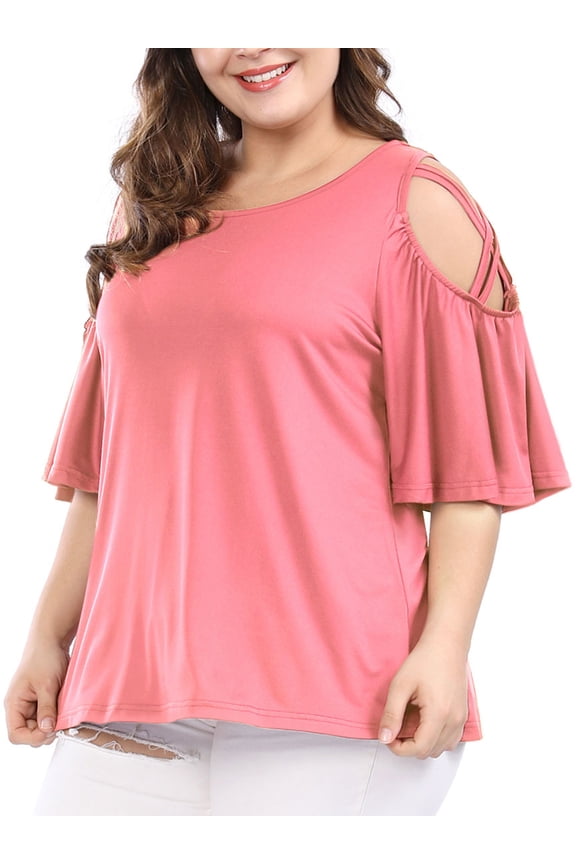 Women's Plus Solid Strappy Cold Shoulder Trumpet Sleeve T-shirt