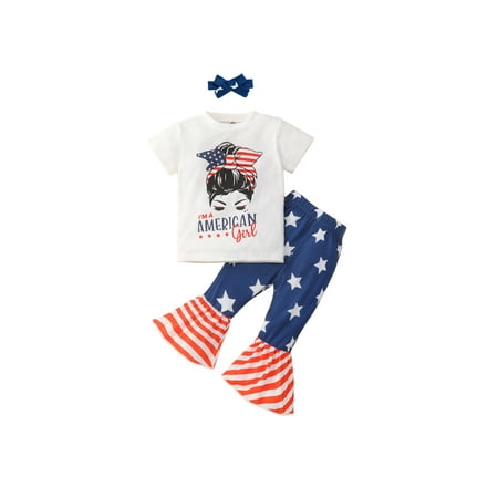 

Bagilaanoe Toddler Baby Girls 4th of July Outfits Letter Print Short Sleeve Tops Stars Stripe Print Flare Pants Headbands 3pcs Set