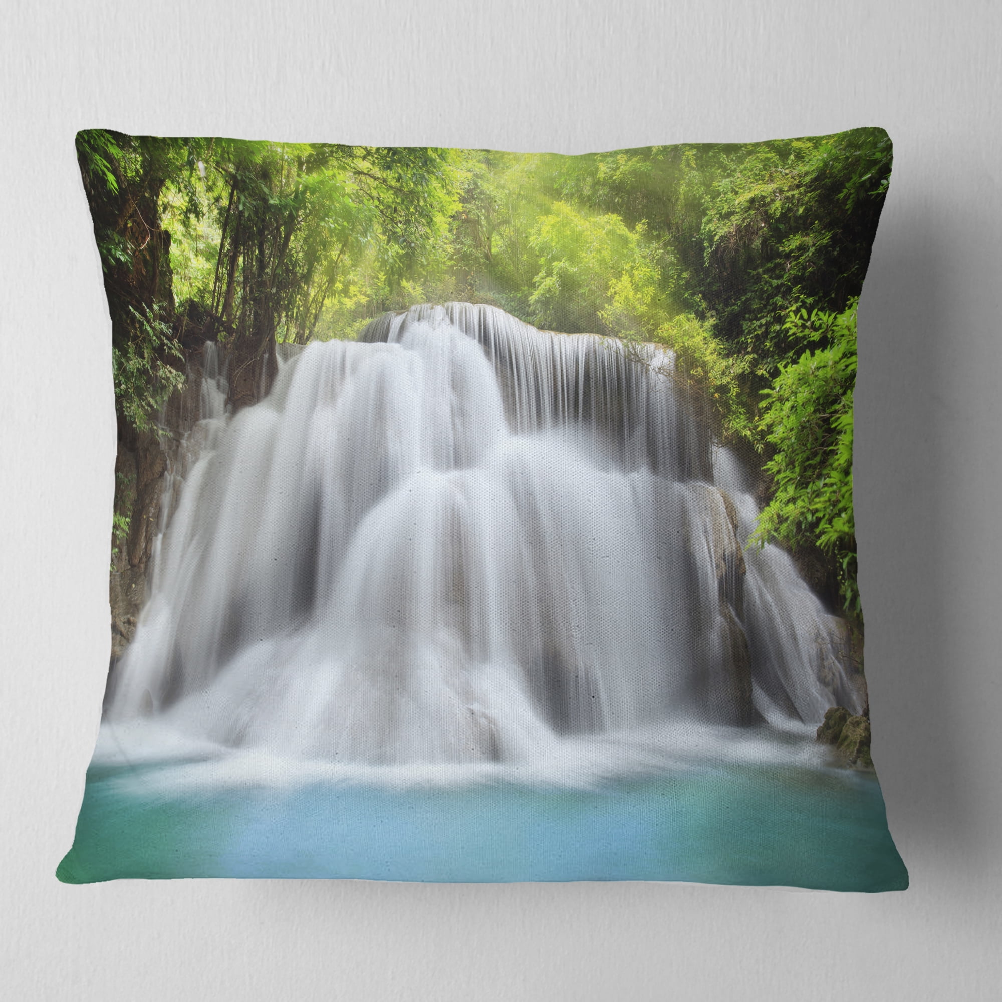Designart Huai Mae Kamin Waterfall - Photography Throw Pillow - 16x16