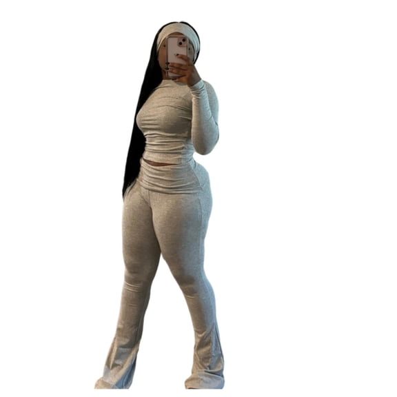 Women’s Solid Color Stretch Two-Piece Set, Sexy Slim-Fit Long Sleeve Top and Matching High-Stretch Pants with Head Scarf, Bodycon Lounge Outfit for Daily Wear & Night Out