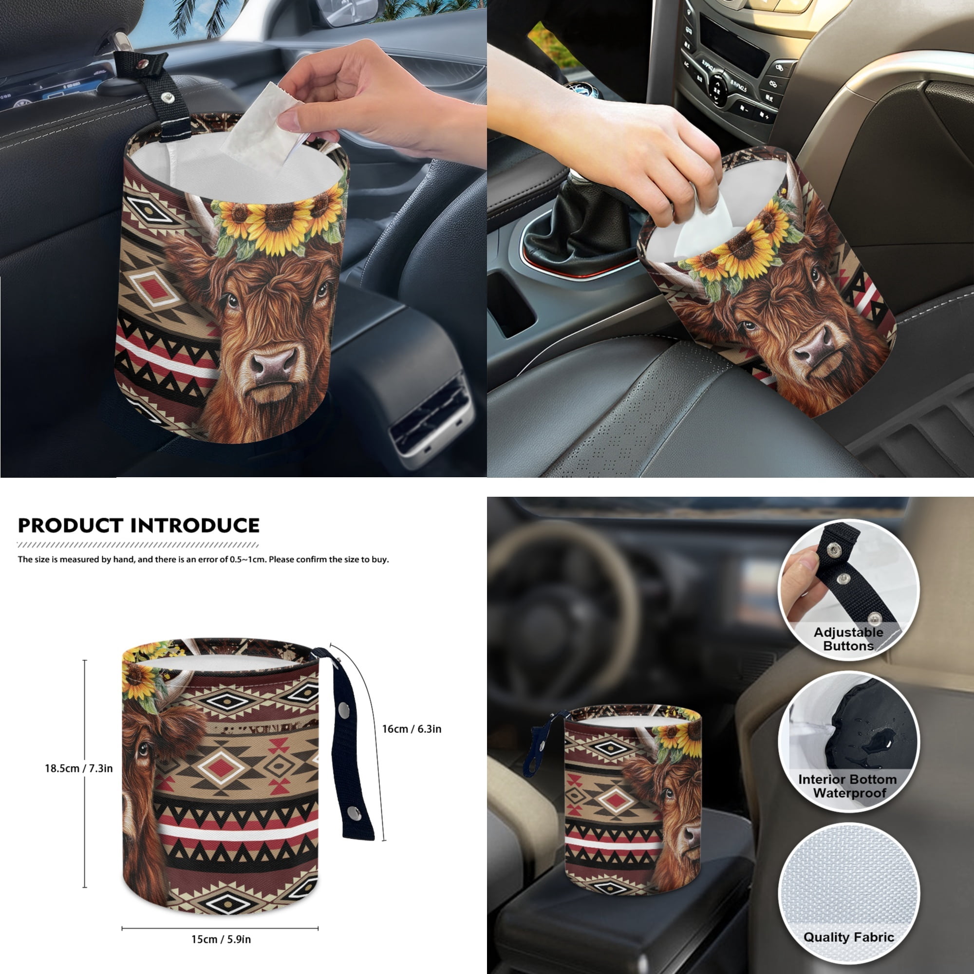 Jeiento Highland Cow Auto Accessories Set 14 Pcs Car Seat Cover Protector Steering Wheel Cover Seat Belt Covers Armrest Cushion Aztec Trash Can Rearview Mirror Protector Handbrake Cover Set Coasters