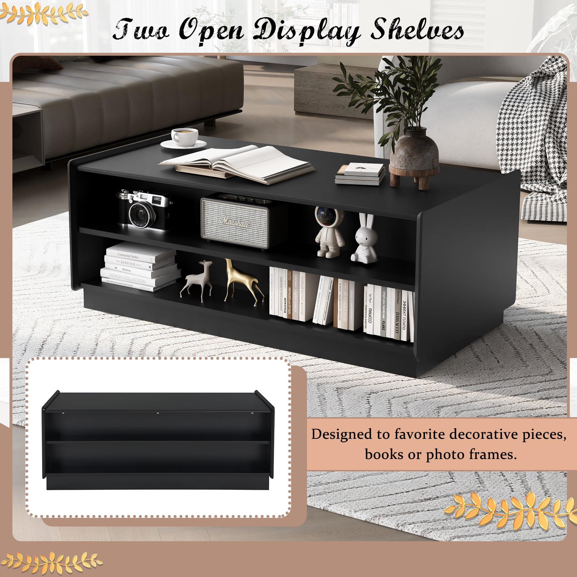 Euroco Vintage-Style Coffee Table with 4 Drawers and Open Shelves, Tempered Glass Drawer Fronts, MDF Wood Frame – Modern Living Room Storage Table, Easy Assembly