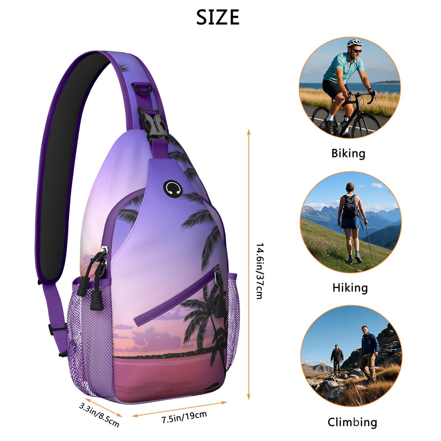 Ocean Sunset with Palm Trees Sling Bag - Anti-Theft Lightweight Shoulder Backpack - Travel-Ready for Hiking, Biking & Commuting